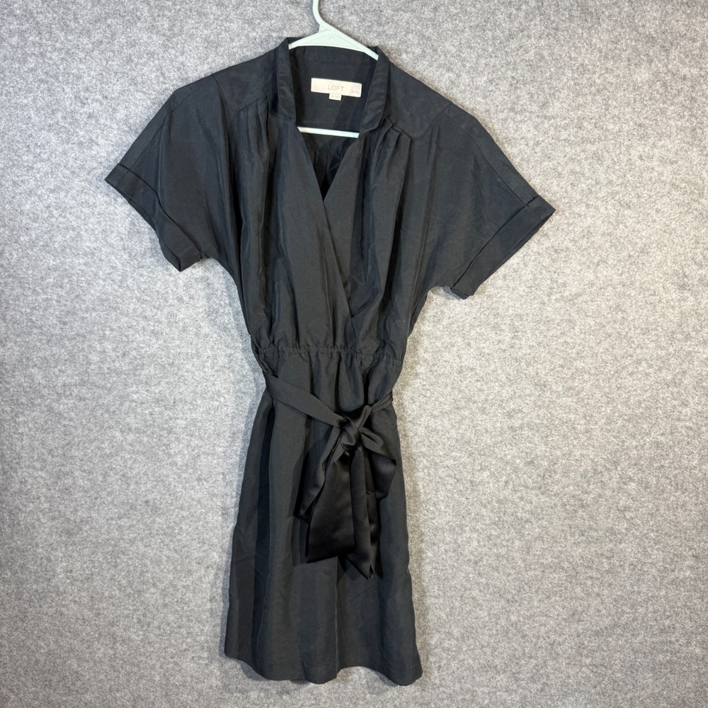LOFT Petite Black‎ Short Sleeve Faux Wrap Dress with Tie Waist Size 0P